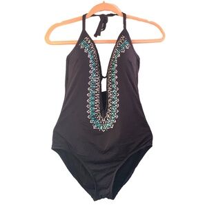 Kenneth Cole NY Size Medium Black Plunge Embellished Gypsy Colored Swimsuit